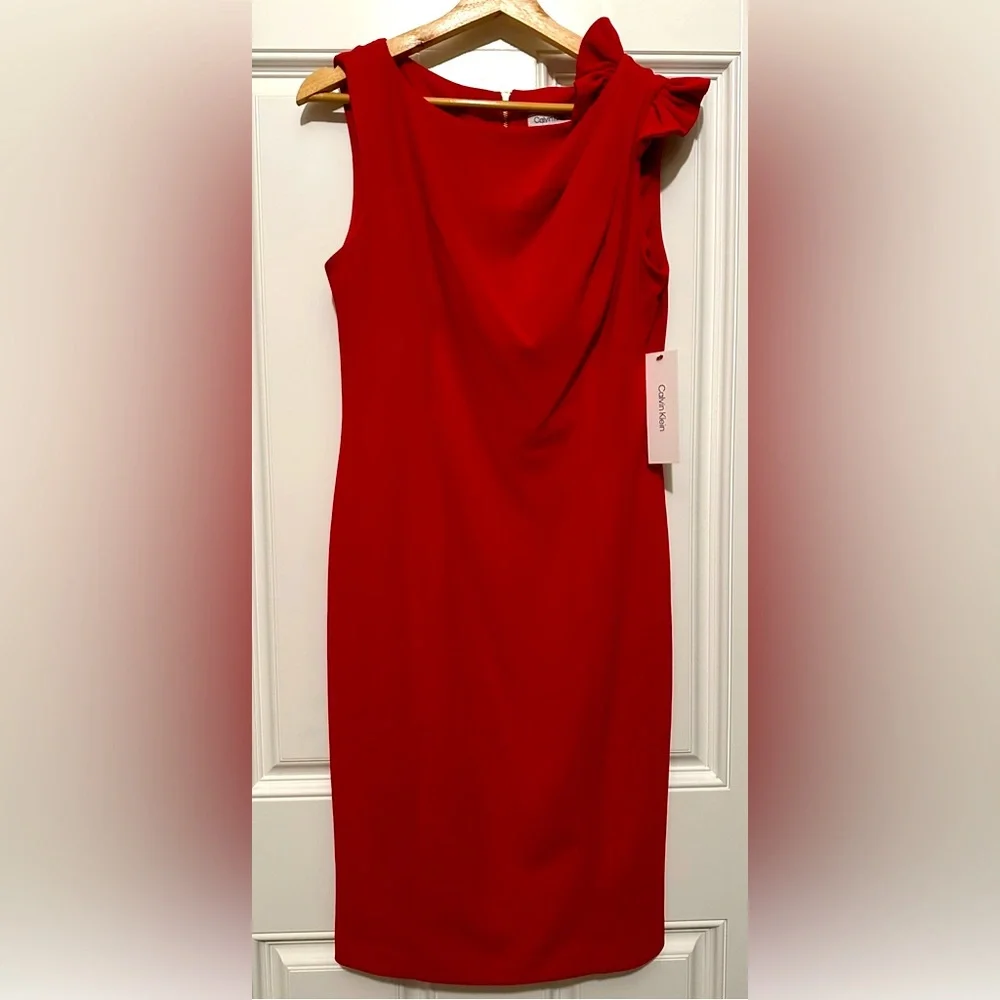 NWT Calvin Klein Women's Boat-Neck Sheath W/Shoulder Bow Dress - Size 6 - Picture 9 of 11